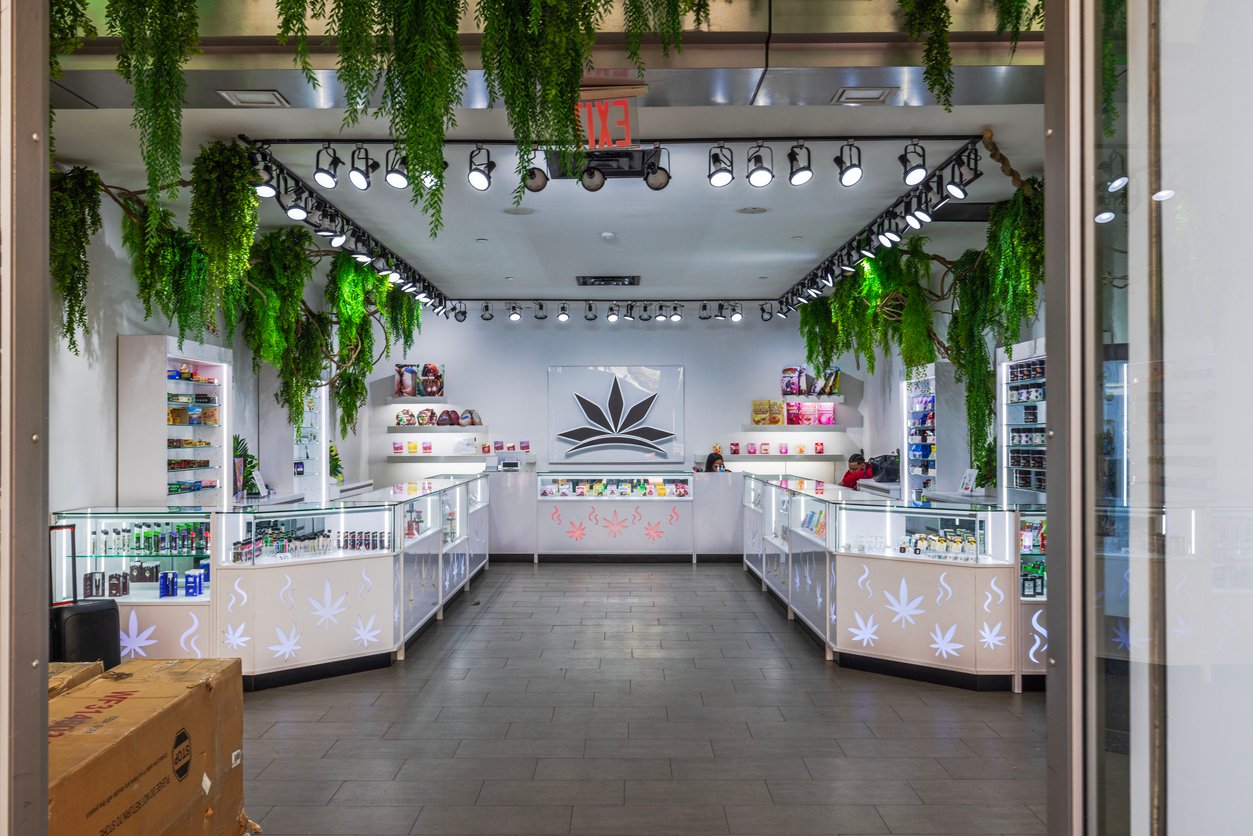 Modern cannabis dispensary interior with glass display counters, green decor and bright lighting in New York City.